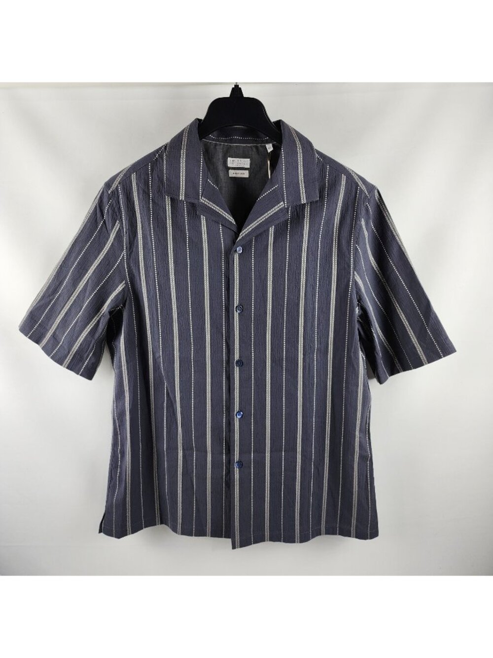 Brunello Cucinelli Mens Gray Ethnic Stripe Seersucker S/S Camp Collar Shirt NWT